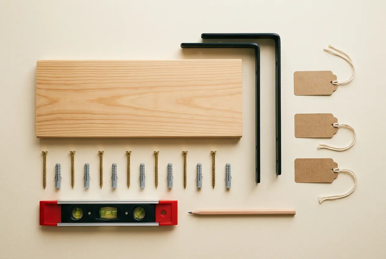 A neat flat-lay of a pine board, black shelf brackets, screws, wall plugs, a level and blank price tags.