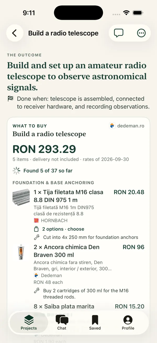 Parts for the telescope with prices from Hornbach and Dedeman, in lei.