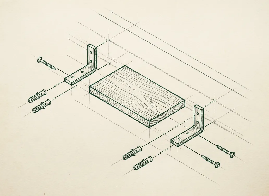 A hand-drawn exploded diagram of a wall shelf: board, two brackets, screws and wall plugs.
