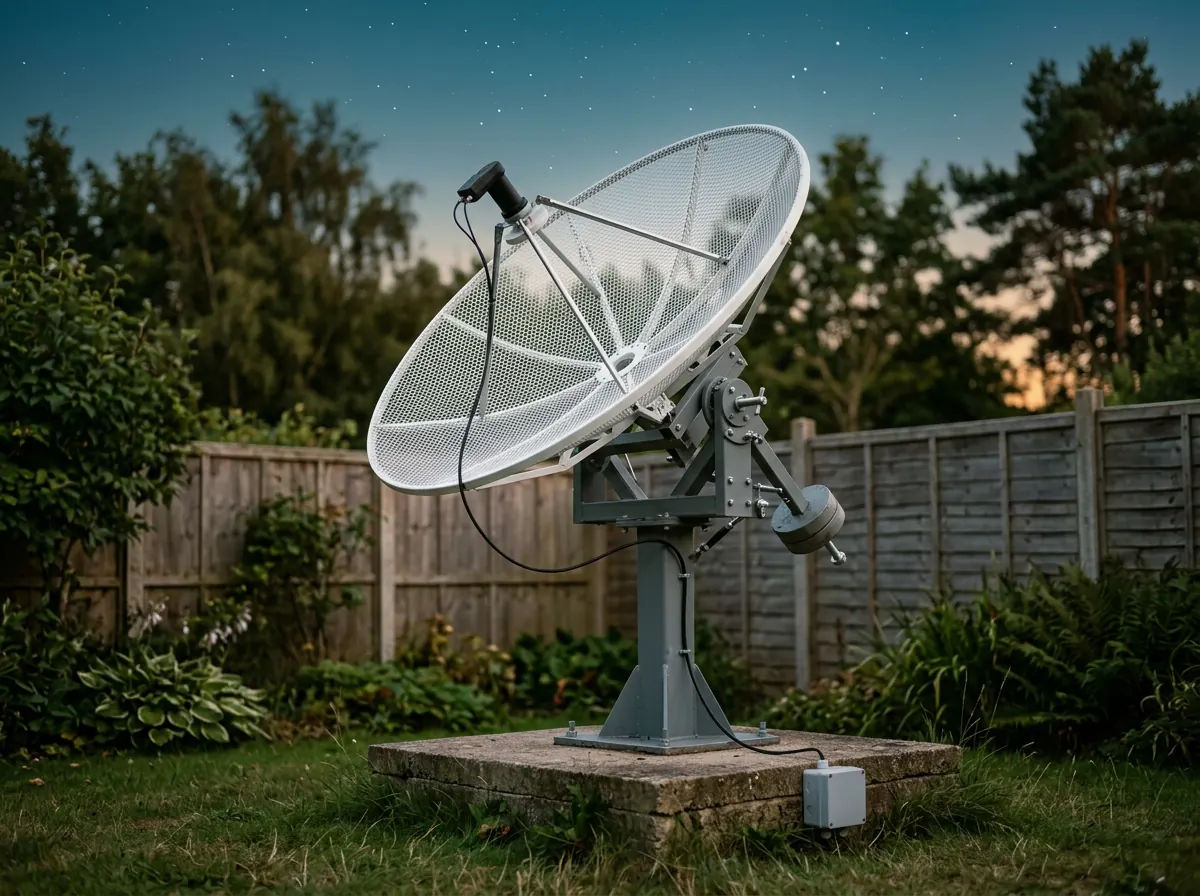A home-built radio telescope dish on a concrete pad in a garden at dusk.